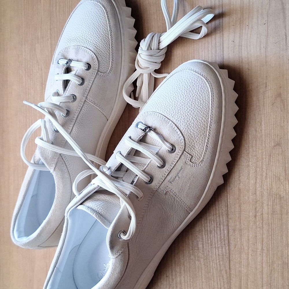 Salvatore Ferragamo Cube White And Stone Leather And Suede Sneakers Sz. 11